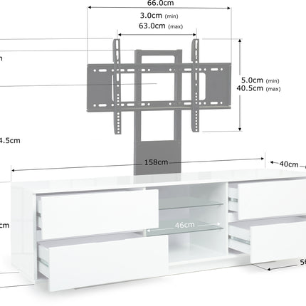 Centurion Supports Avitus Gloss White with 4 Walnut Drawers and 2 Glass Shelves up to 65" LED, LCD, Plasma TV Stand with Mounting Arm