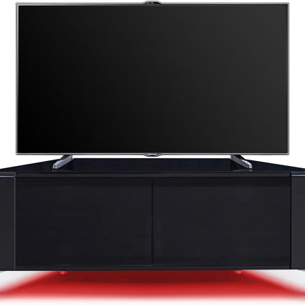 MDA Designs CORVUS Corner-Friendly Gloss Black Contemporary Cabinet with Black Side Profiles Black BeamThru Glass Doors Suitable for Flat Screen TVs up to 50" with 16 Colour LED Lights