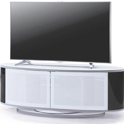 MDA Designs LUNA Gloss White Oval Cabinet with Black Profiles and White BeamThru Glass Doors Suitable for Flat Screen TVs up to 50"