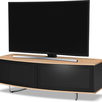 Centurion Supports Caru Gloss Black and Oak Beam-Thru Remote Friendly Super-Contemporary "D" Shape Design 32"-65" LED/OLED/LCD TV Cabinet - Grade A