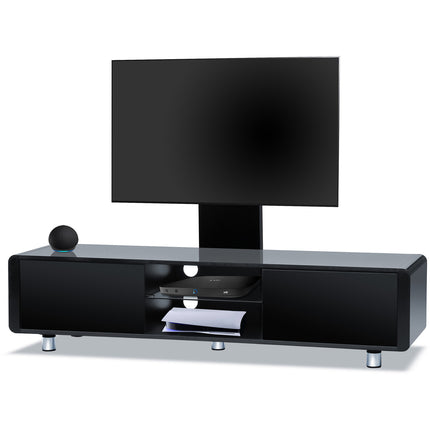 Centurion Supports CAPRI Gloss Black with Black Sides Beam-Thru Remote Friendly 32"-65" Flat Screen TV Cabinet with Mounting Arm