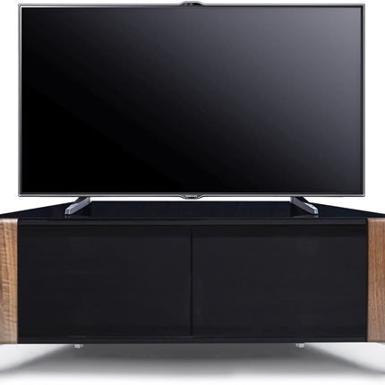 MDA Designs CORVUS Corner-Friendly Gloss Black Contemporary Cabinet with Walnut Profiles Black BeamThru Glass Doors Suitable for Flat Screen TVs up to 50"