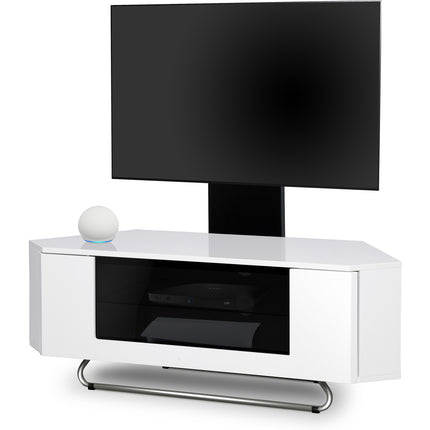 Centurion Supports Hampshire Corner-Friendly Gloss White with Contrast Beam-Thru Remote Friendly Door 26"-50" Flat Screen TV Cabinet with Mounting Arm