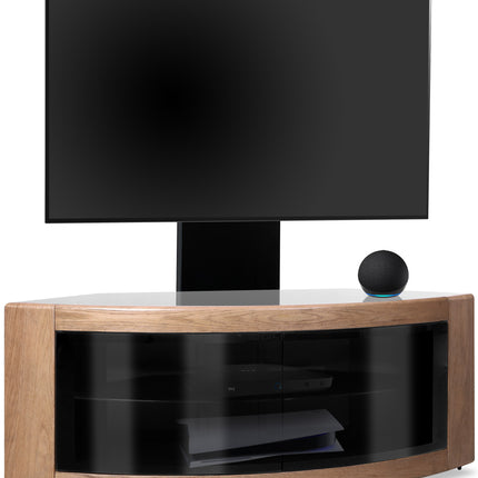 Centurion Supports PANGEA Black/Oak Beam-Thru Curved True-Corner 32"-50" TV Cabinet with Mounting Arm