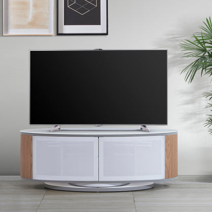 MDA Designs LUNA Gloss White Oval Cabinet with Oak Profiles White BeamThru Glass Doors Suitable for Flat Screen TVs up to 50"