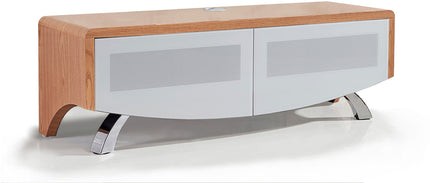 MDA Designs WAVE 1200 Oak with White Glass Hybrid BeamThru Remote-Friendly up to 60" Flat Screen Tv Cabinet