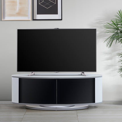 MDA Designs LUNA Gloss White Oval Cabinet with White Profiles Black BeamThru Glass Doors Suitable for Flat Screen TVs up to 50"