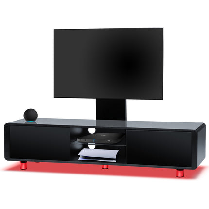 Centurion Supports CAPRI Gloss Black with Black Sides Beam-Thru Remote Friendly 32"-65" Flat Screen TV Cabinet with 16 Colour LED Lights and Mounting Arm