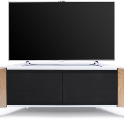 MDA Designs CORVUS Corner-Friendly Gloss White Contemporary Cabinet with Oak Profiles Black BeamThru Glass Doors Suitable for Flat Screen TVs up to 50"