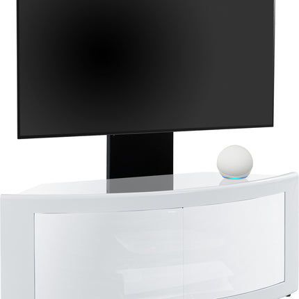 Centurion Supports PANGEA Gloss White Beam-Thru Curved True-Corner 32"-50" TV Cabinet with Mounting Arm