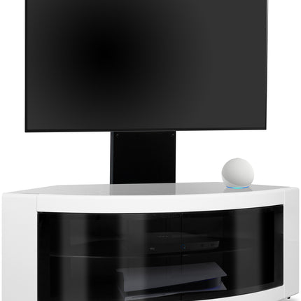 Centurion Supports PANGEA Black/White Beam-Thru Curved True-Corner 32"-50" TV Cabinet with Mounting Arm