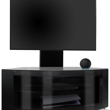 Centurion Supports PANGEA Gloss Black Beam-Thru Curved True-Corner 32"-50" TV Cabinet with Mounting Arm