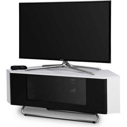 Centurion Supports Hampshire Corner-Friendly Gloss White with Black Contrast Beam-Thru Remote Friendly Door 26"-50" Flat Screen TV Cabinet - Grade A