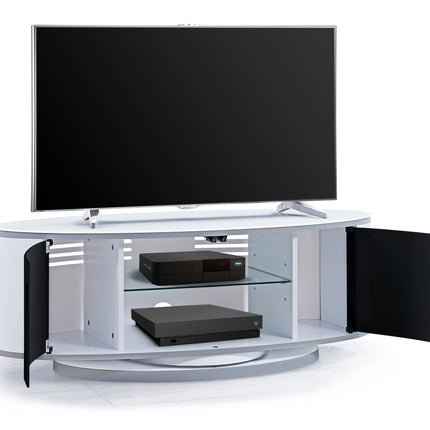 MDA Designs LUNA Gloss White Oval Cabinet with White Profiles Black BeamThru Glass Doors Suitable for Flat Screen TVs up to 50"