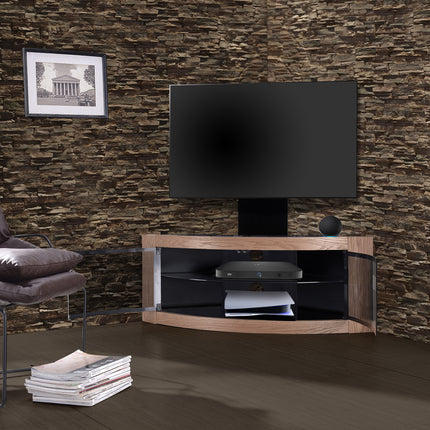 Centurion Supports PANGEA Black/Oak Beam-Thru Curved True-Corner 32"-50" TV Cabinet with Mounting Arm