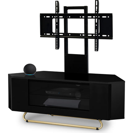 Centurion Supports Hampshire Corner-Friendly Gloss Black with Black Contrast Beam-Thru Remote Friendly Door 26"-50" Flat Screen TV Cabinet with Mounting Arm