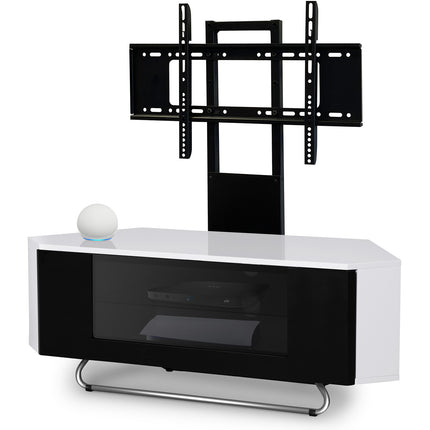 Centurion Supports Hampshire Corner-Friendly Gloss White with Black Contrast Beam-Thru Remote Friendly Door 26"-50" Flat Screen TV Cabinet with Mounting Arm