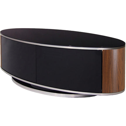 MDA Designs LUNA Beam Thru Remote Friendly up to 50" LCD/ OLED/ LED Gloss Black with Walnut Sides Luxury Oval TV Cabinet