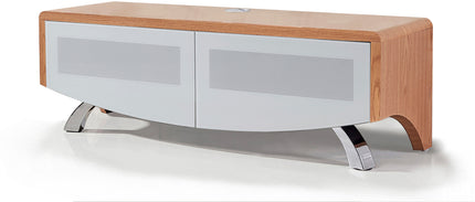 MDA Designs WAVE 1200 Oak with White Glass Hybrid BeamThru Remote-Friendly up to 60" Flat Screen Tv Cabinet