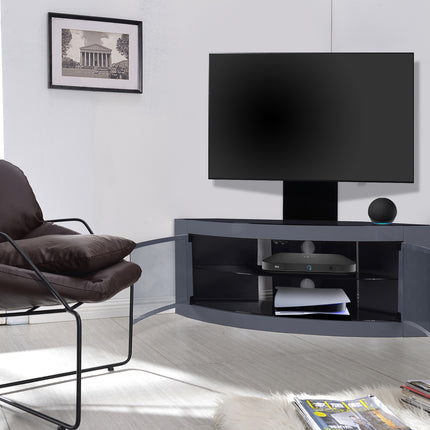 Centurion Supports PANGEA Grey Beam-Thru Curved True-Corner 32"-50" TV Cabinet with Mounting Arm