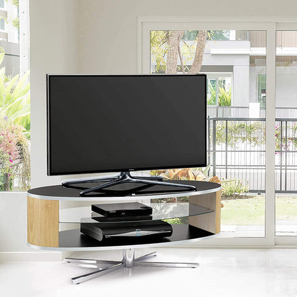 MDA Designs Orbit 1100BO Gloss Black TV Stand with Oak Elliptic Sides for Flat Screen TVs up to 55"