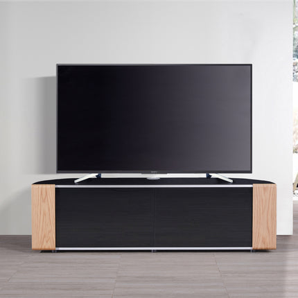 MDA Designs Sirius 1600 TV Cabinet Gloss Black Stand with BEAMTHRU Remote-Friendly Glass Door, Walnut/Oak Trims, Cable Management and Storage for LED, LCD, OLED & Plasma TVs up to 70” TV Unit