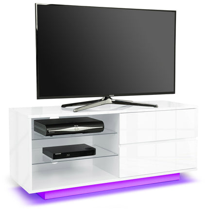 Centurion Supports Gallus Premium High Gloss White with 2-White Drawers and 3-Shelf 32"-55" LED/OLED/LCD TV Cabinet with 16 colour LED Lights