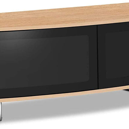 Centurion Supports Caru Gloss Black and Oak Beam-Thru Remote Friendly Super-Contemporary "D" Shape Design 32"-65" LED/OLED/LCD TV Cabinet - Grade A