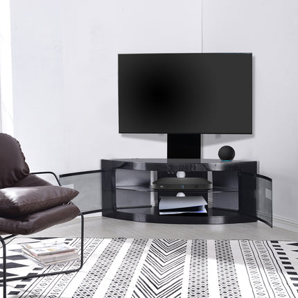 Centurion Supports PANGEA Gloss Black Beam-Thru Curved True-Corner 32"-50" TV Cabinet with Mounting Arm