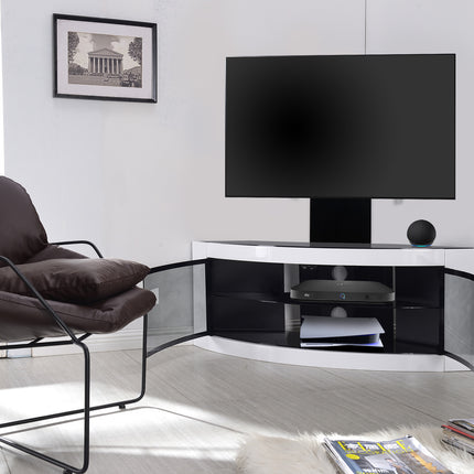 Centurion Supports PANGEA Black/White Beam-Thru Curved True-Corner 32"-50" TV Cabinet with Mounting Arm