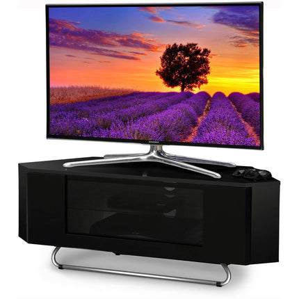 Centurion Supports Hampshire Corner-Friendly Gloss Black with Black Beam-Thru Remote Friendly Door and Silver Feet 26"-50" Flat Screen TV Cabinet