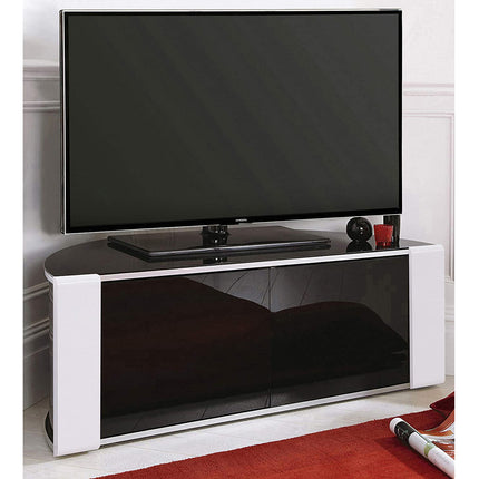 MDA Designs Sirius 850 Remote Friendly Beam Thru Glass Door Gloss Piano Black with White Front Profiles up to 40" LCD/Plasma/LED Cabinet TV Stand