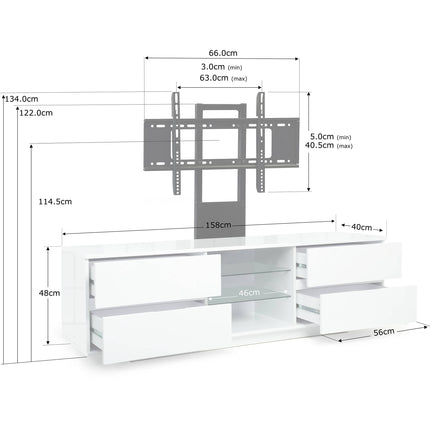 Centurion Supports AVITUS ULTRA Gloss White Remote Friendly BeamThru Door with 4-White Drawers up to 65" Flat Screen TV Cabinet with Mounting Arm