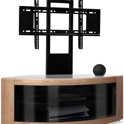 Centurion Supports PANGEA Black/Oak Beam-Thru Curved True-Corner 32"-50" TV Cabinet with Mounting Arm