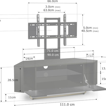 Centurion Supports Hampshire Corner-Friendly Gloss Black with Black Contrast Beam-Thru Remote Friendly Door 26"-50" Flat Screen TV Cabinet with Mounting Arm