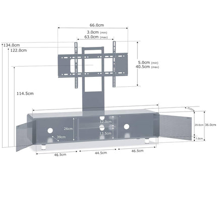 Centurion Supports CAPRI Gloss Black with Black Sides Beam-Thru Remote Friendly 32"-65" Flat Screen TV Cabinet with Mounting Arm