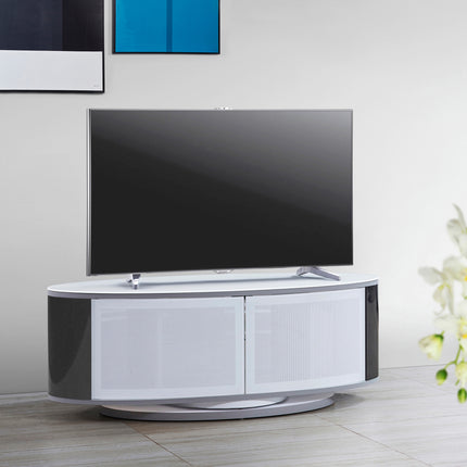 MDA Designs LUNA Gloss White Oval Cabinet with Black Profiles and White BeamThru Glass Doors Suitable for Flat Screen TVs up to 50"