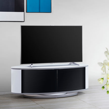 MDA Designs LUNA Gloss White Oval Cabinet with White Profiles Black BeamThru Glass Doors Suitable for Flat Screen TVs up to 50"