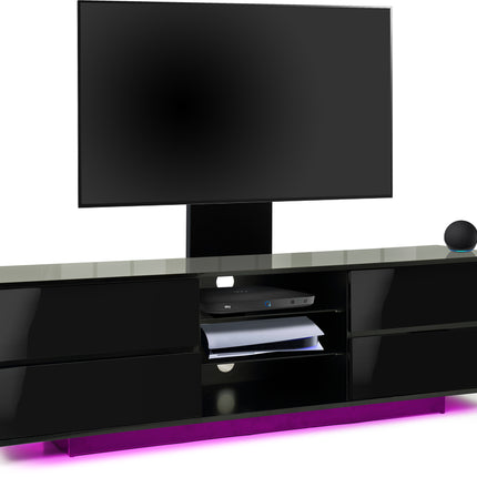 Centurion Supports Avitus LED Gloss Black with 4-Drawers and 3-Shelves up to 65" TV Cabinet with 16 colour LED Lights and Mounting Arm