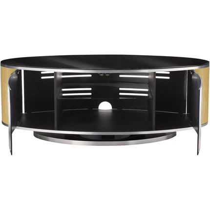 MDA Designs LUNA Beam Thru Remote Friendly up to 50" LCD/ OLED/ LED Gloss Black with Oak Sides Luxury Oval TV Cabinet