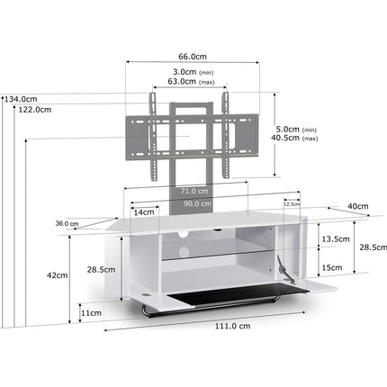 Centurion Supports Hampshire Corner-Friendly Gloss White with Black Contrast Beam-Thru Remote Friendly Door 26"-50" Flat Screen TV Cabinet with Mounting Arm