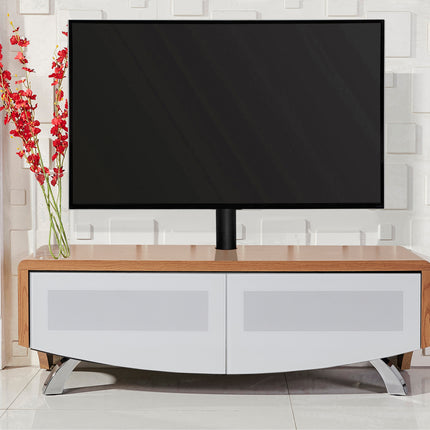 MDA Designs WAVE 1200 Oak with White Glass Hybrid BeamThru Remote-Friendly up to 60" Flat Screen Tv Cabinet with Mounting Bracket