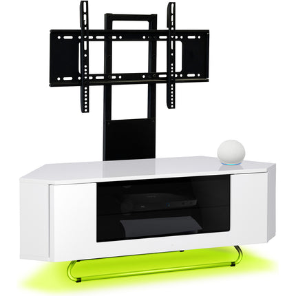 Centurion Supports Hampshire Corner-Friendly White with Black Beam-Thru Remote Friendly Door 26"-50" Flat Screen TV Cabinet with LED Lights and Mounting Arm