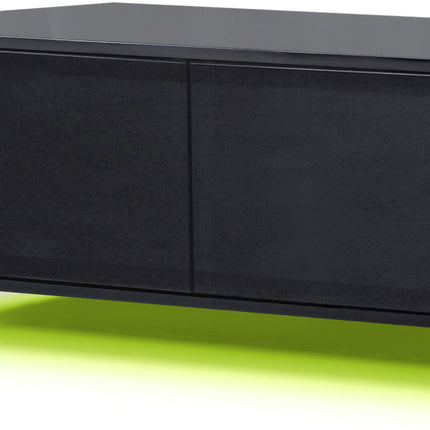 MDA Designs CORVUS Corner-Friendly Gloss Black Contemporary Cabinet with Black Side Profiles Black BeamThru Glass Doors Suitable for Flat Screen TVs up to 50" with 16 Colour LED Lights