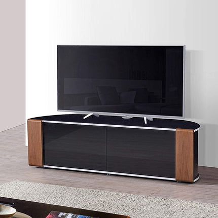 MDA Designs Sirius 1600 TV Cabinet Gloss Black Stand with BEAMTHRU Remote-Friendly Glass Door, Walnut/Oak Trims, Cable Management and Storage for LED, LCD, OLED & Plasma TVs up to 70” TV Unit