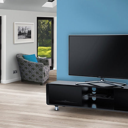 Centurion Supports CAPRI Gloss Black with Black Sides Beam-Thru Remote Friendly 32"-65" Flat Screen TV Cabinet