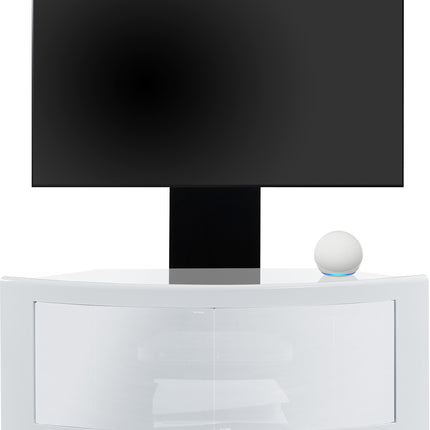 Centurion Supports PANGEA Gloss White Beam-Thru Curved True-Corner 32"-50" TV Cabinet with Mounting Arm