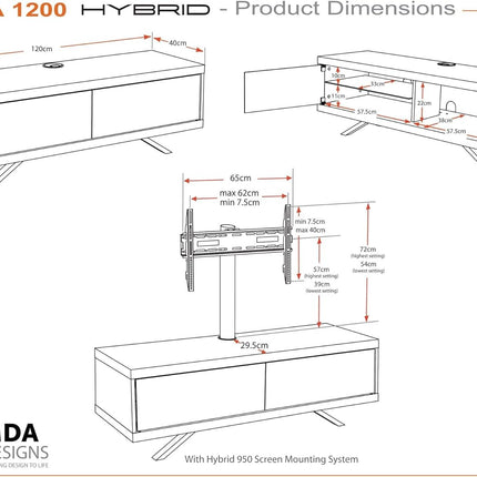 MDA Designs TUCANA 1200 HYBRID Black TV Cabinet BeamThru Remote-Friendly Doors up to 60" Flat Screen TVs with Mounting Arm