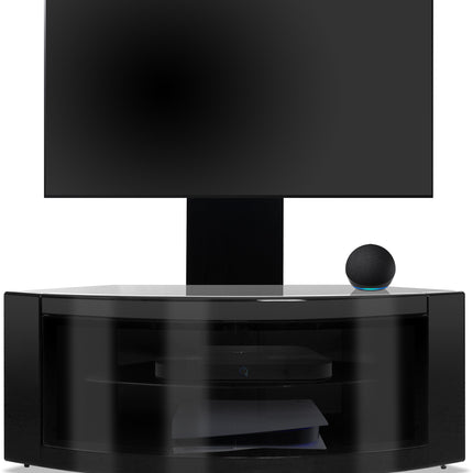 Centurion Supports PANGEA Gloss Black Beam-Thru Curved True-Corner 32"-50" TV Cabinet with Mounting Arm