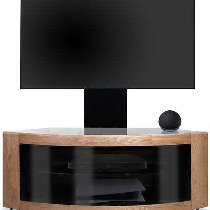 Centurion Supports PANGEA Black/Oak Beam-Thru Curved True-Corner 32"-50" TV Cabinet with Mounting Arm